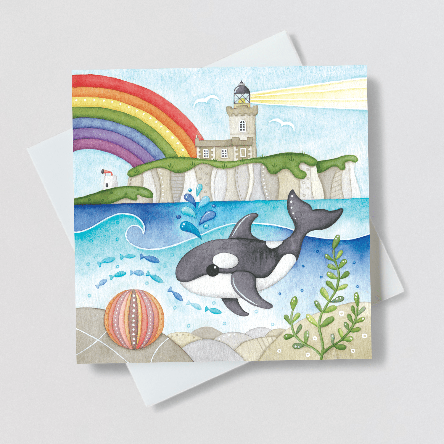 Greetings Card - Orca Whale and Lighthouse, Isle of May - Seaside Painting - East Neuk Beach Crafts