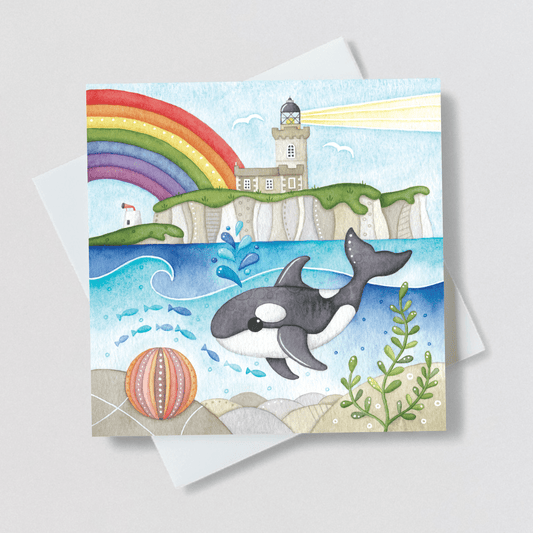 Greetings Card - Orca Whale and Lighthouse, Isle of May - Seaside Painting - East Neuk Beach Crafts