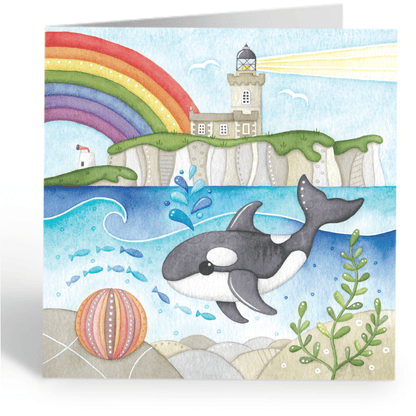 Greetings Card - Orca Whale and Lighthouse, Isle of May - Seaside Painting - East Neuk Beach Crafts