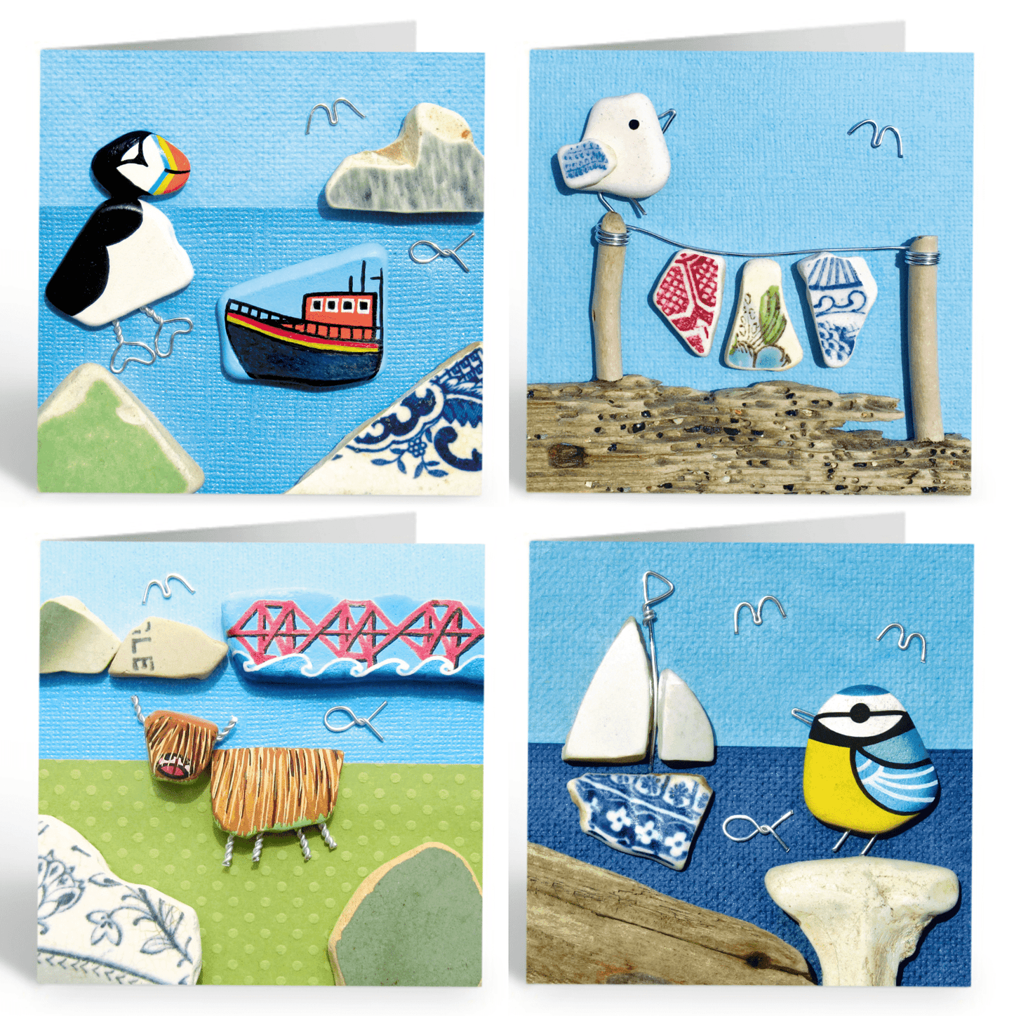 Greetings Cards (Pack of 4) Pebble Art - Puffin, Seagull, Highland Cow & Blue Tit - East Neuk Beach Crafts