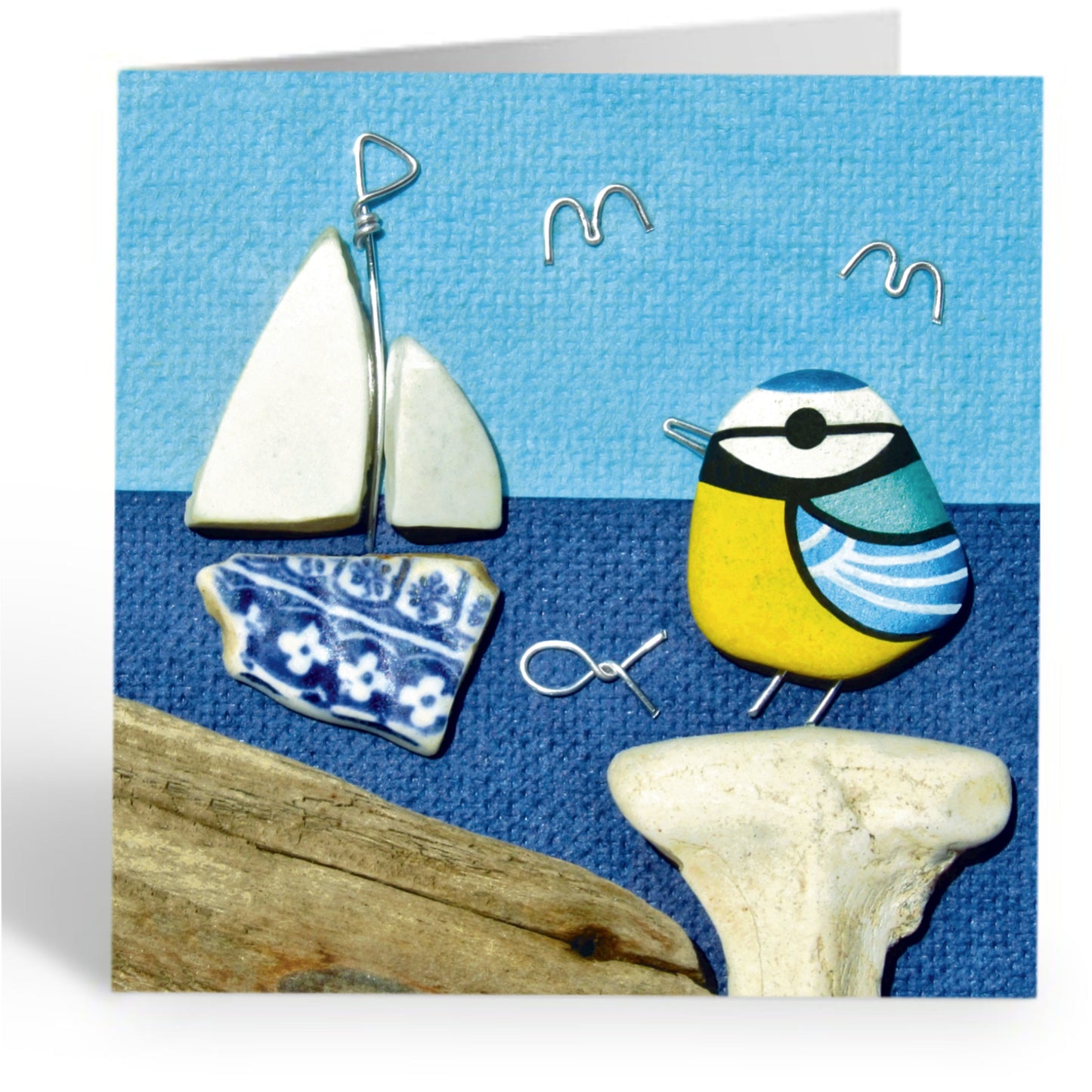 Greetings Cards (Pack of 4) Pebble Art - Puffin, Seagull, Highland Cow & Blue Tit - East Neuk Beach Crafts