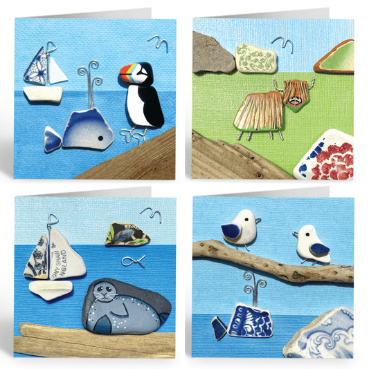 Greetings Cards (Pack of 4) Pebble Art - Puffin, Seagull, Highland Cow, Seal & Whale - East Neuk Beach Crafts