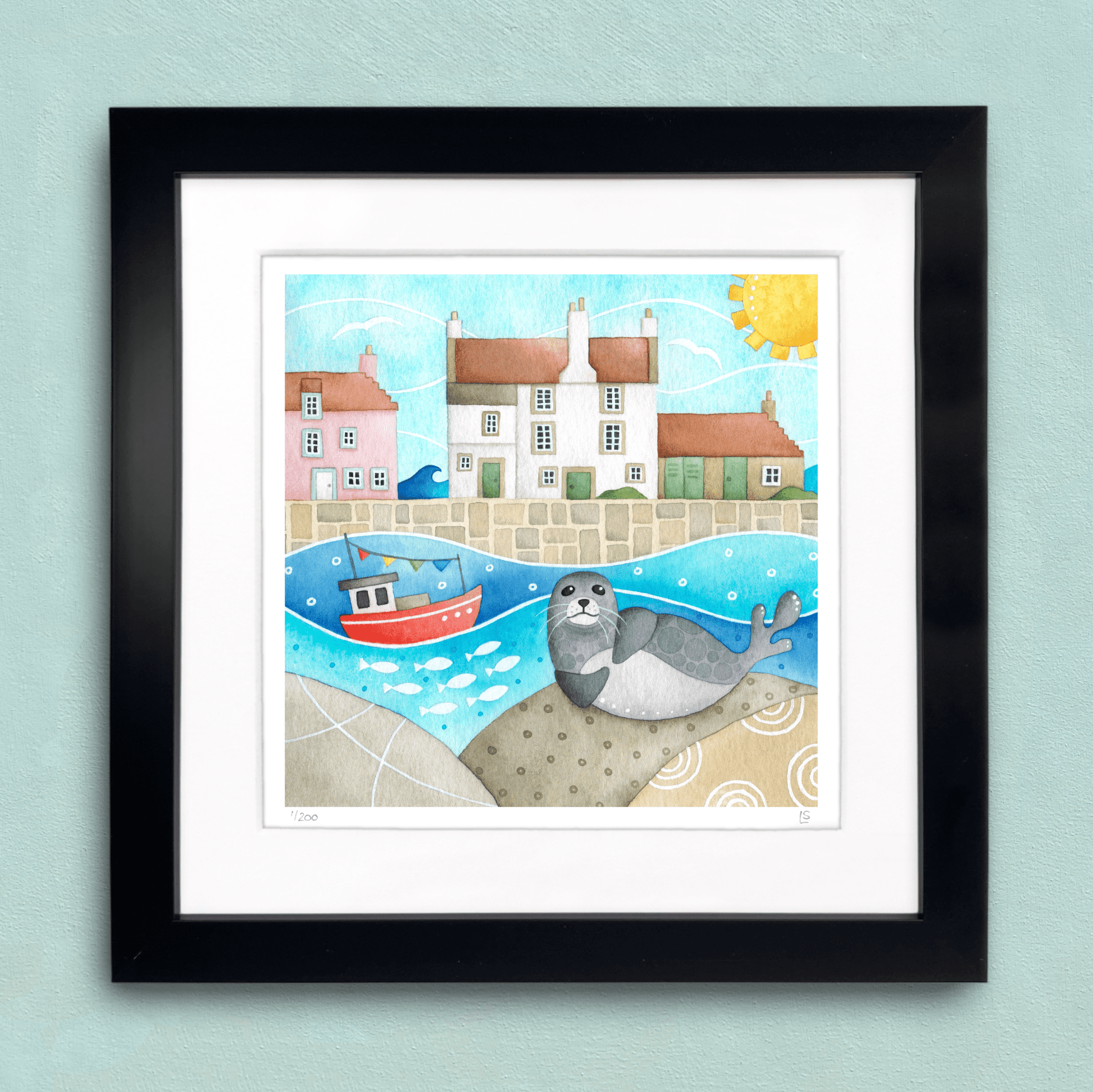 Harbour Seal Framed Print - Pittenweem - Seaside Watercolour - East Neuk Beach Crafts