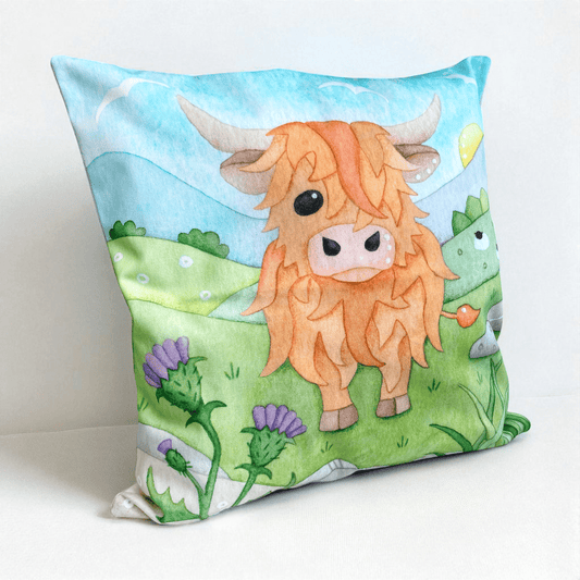 Highland Cow Cushion Cover - Scottish Watercolours - East Neuk Beach Crafts