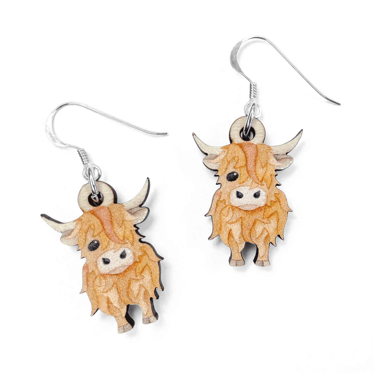 Highland Cow Earrings - Sterling Silver and Maple Wood - East Neuk Beach Crafts