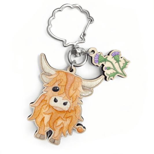 Highland Cow Keyring - Wooden Scottish Key Chain