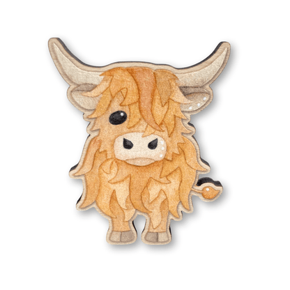 Highland Cow Pin Badge - Scottish Wooden Brooch - East Neuk Beach Crafts