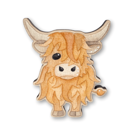 Highland Cow Pin Badge - Scottish Wooden Brooch - East Neuk Beach Crafts