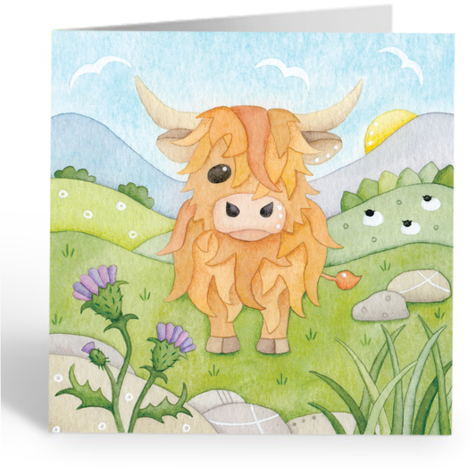 Greetings Card - Highland Cow and Thistle  - Scottish Watercolour Painting