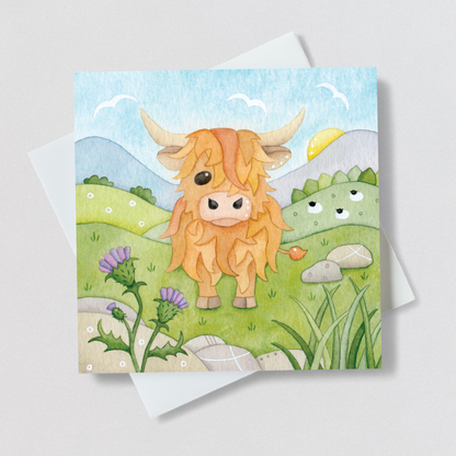 Greetings Card - Highland Cow and Thistle  - Scottish Watercolour Painting