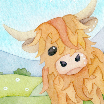Framed Print - Highland Cow and Thistle - Scottish Highlands Watercolour Painting