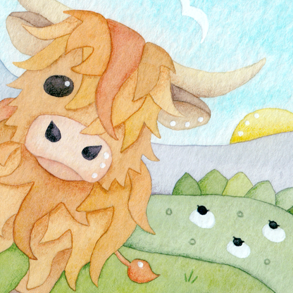 Framed Print - Highland Cow and Thistle - Scottish Highlands Watercolour Painting
