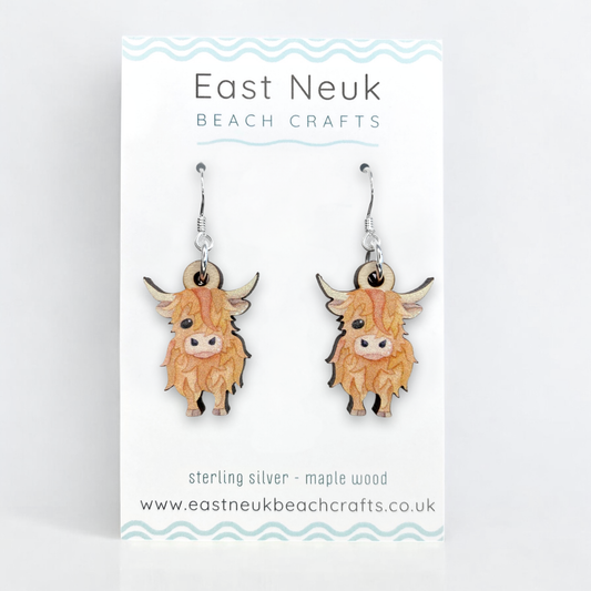 Wooden Earrings - Highland Cow - Sterling Silver and Maple Wood