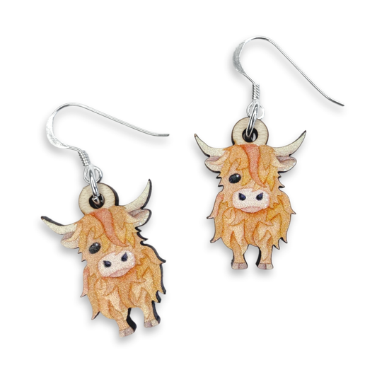 Wooden Earrings - Highland Cow - Sterling Silver and Maple Wood