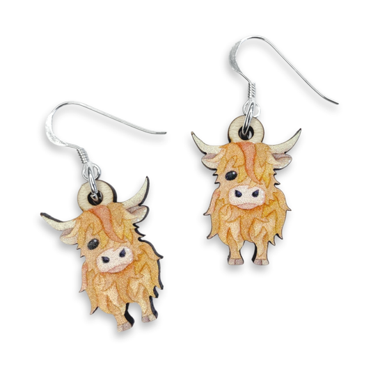 Wooden Earrings - Highland Cow - Sterling Silver and Maple Wood
