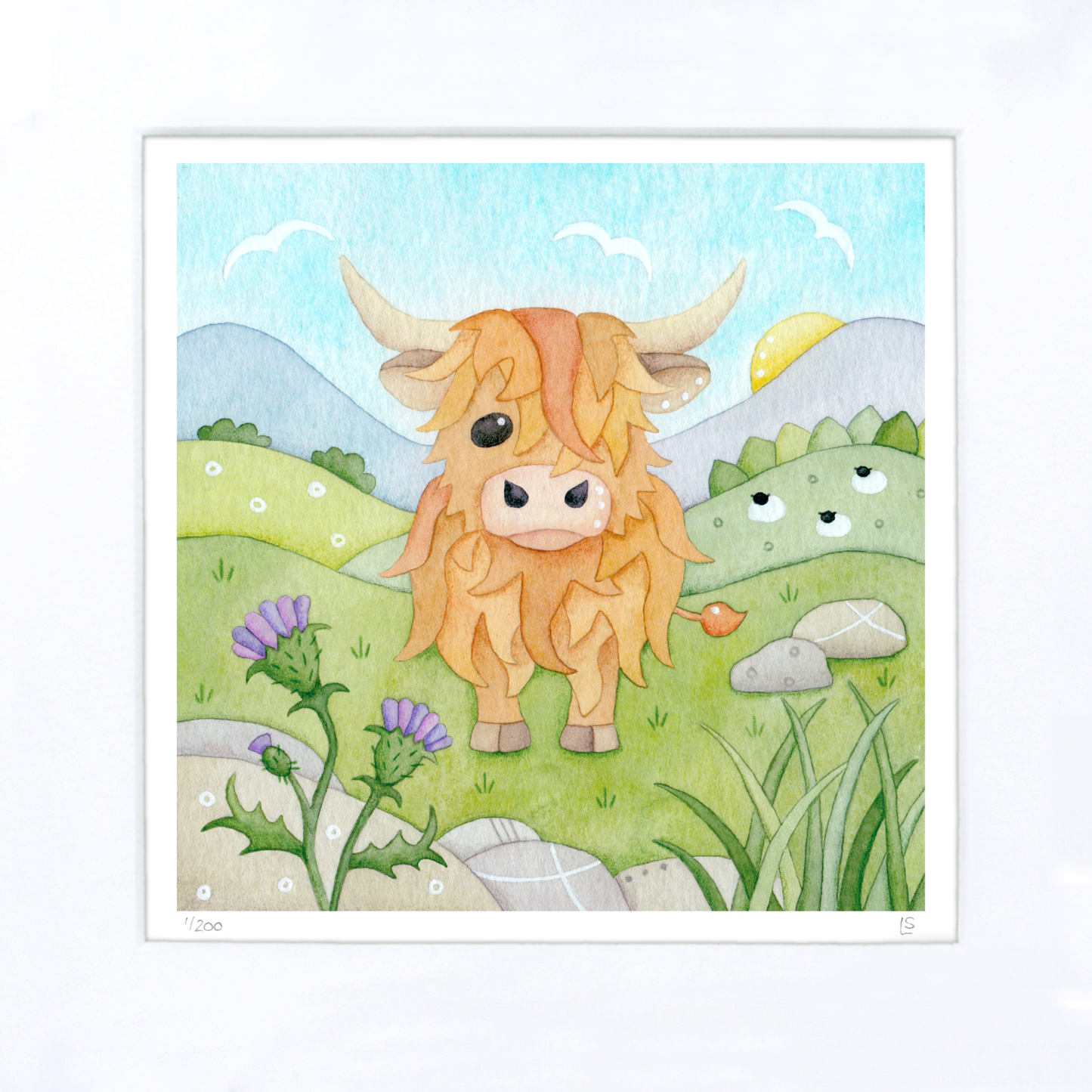 Framed Print - Highland Cow and Thistle - Scottish Highlands Watercolour Painting