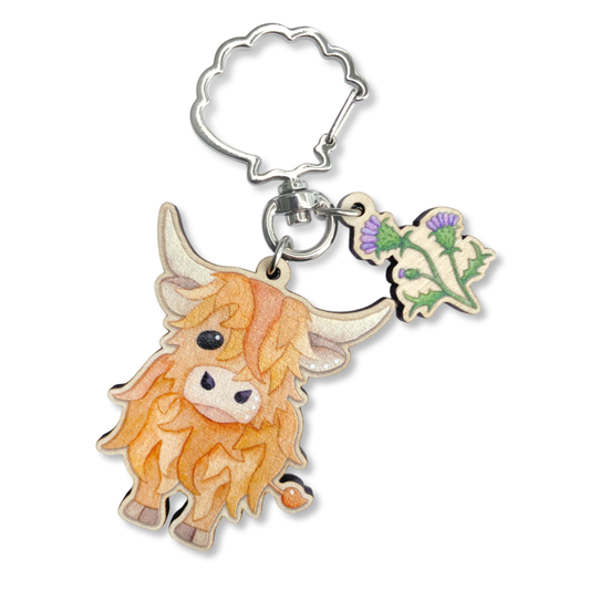 Wooden Keyring - Highland Cow & Thistle - Maple Wood Key Chain with Shell Clasp