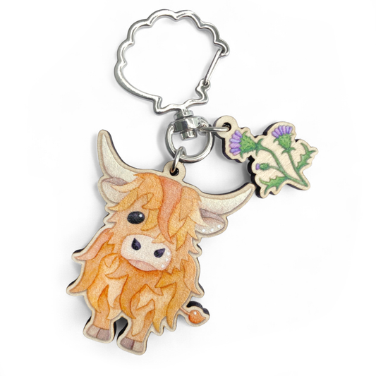 Highland Cow Keyring - Wooden Scottish Key Chain