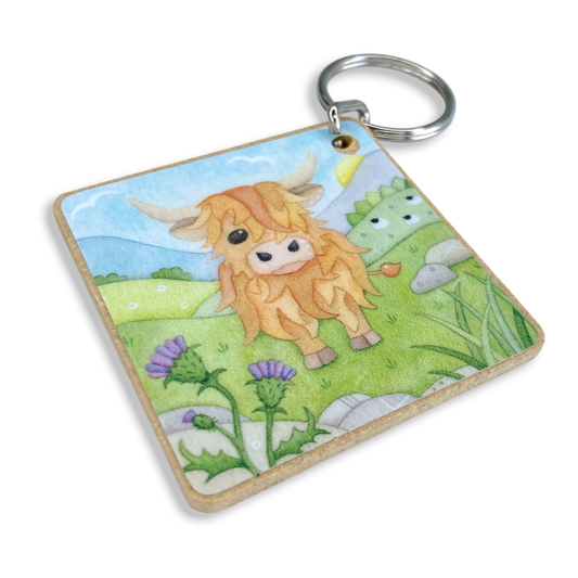 Keyring - Highland Cow and Thistle - Wooden Key Fob
