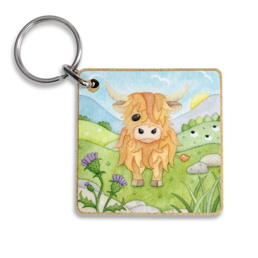 Keyring - Highland Cow and Thistle - Wooden Key Fob