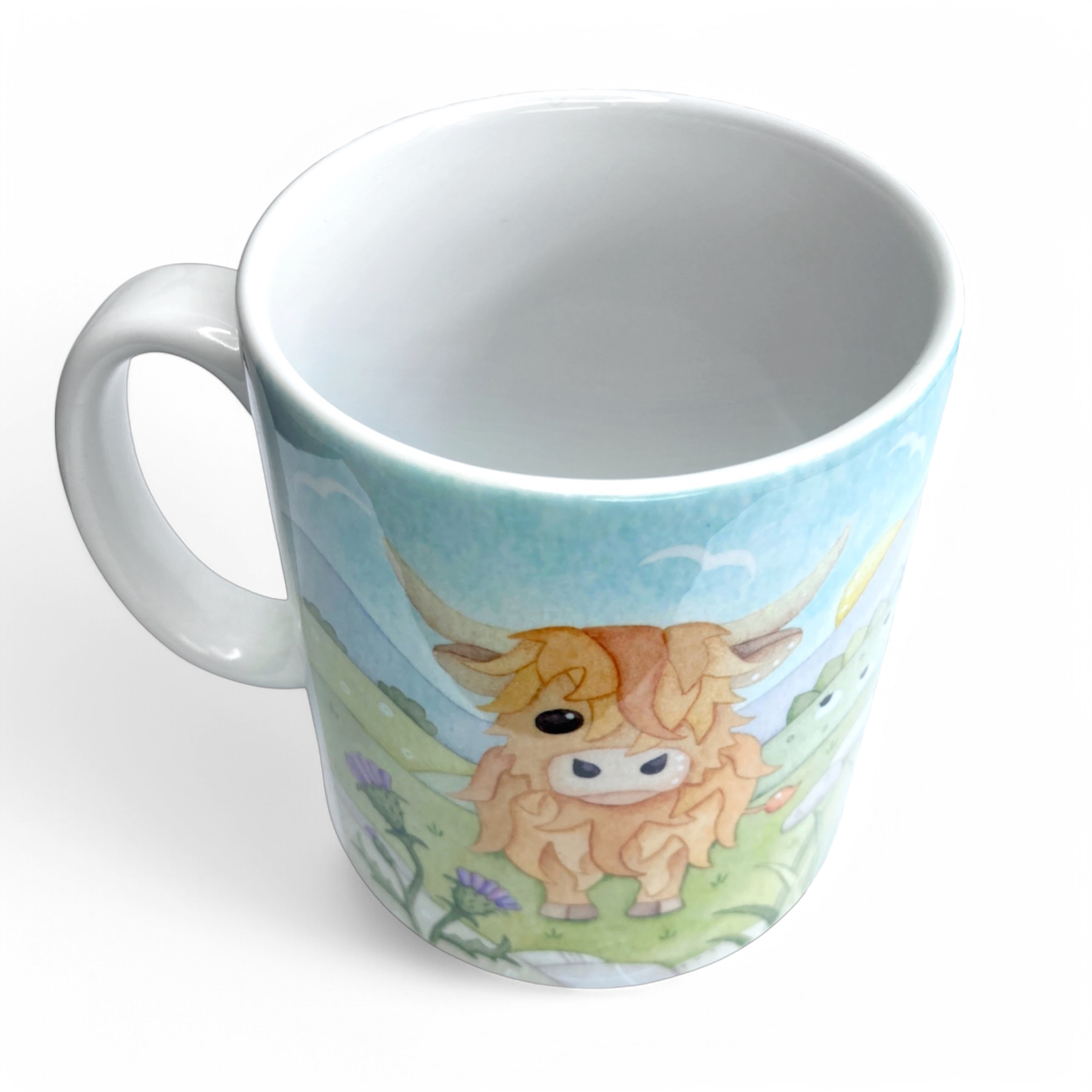 Highland Cow Mug - Scottish Highlands with Thistle - Watercolour Painting