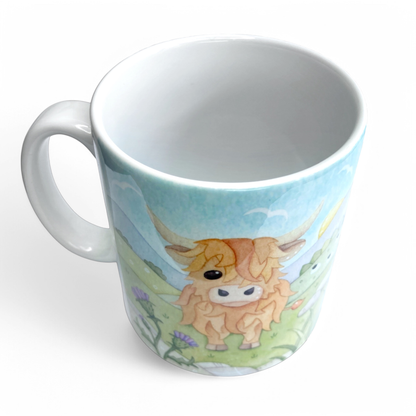 Highland Cow Mug - Scottish Highlands with Thistle - Watercolour Painting