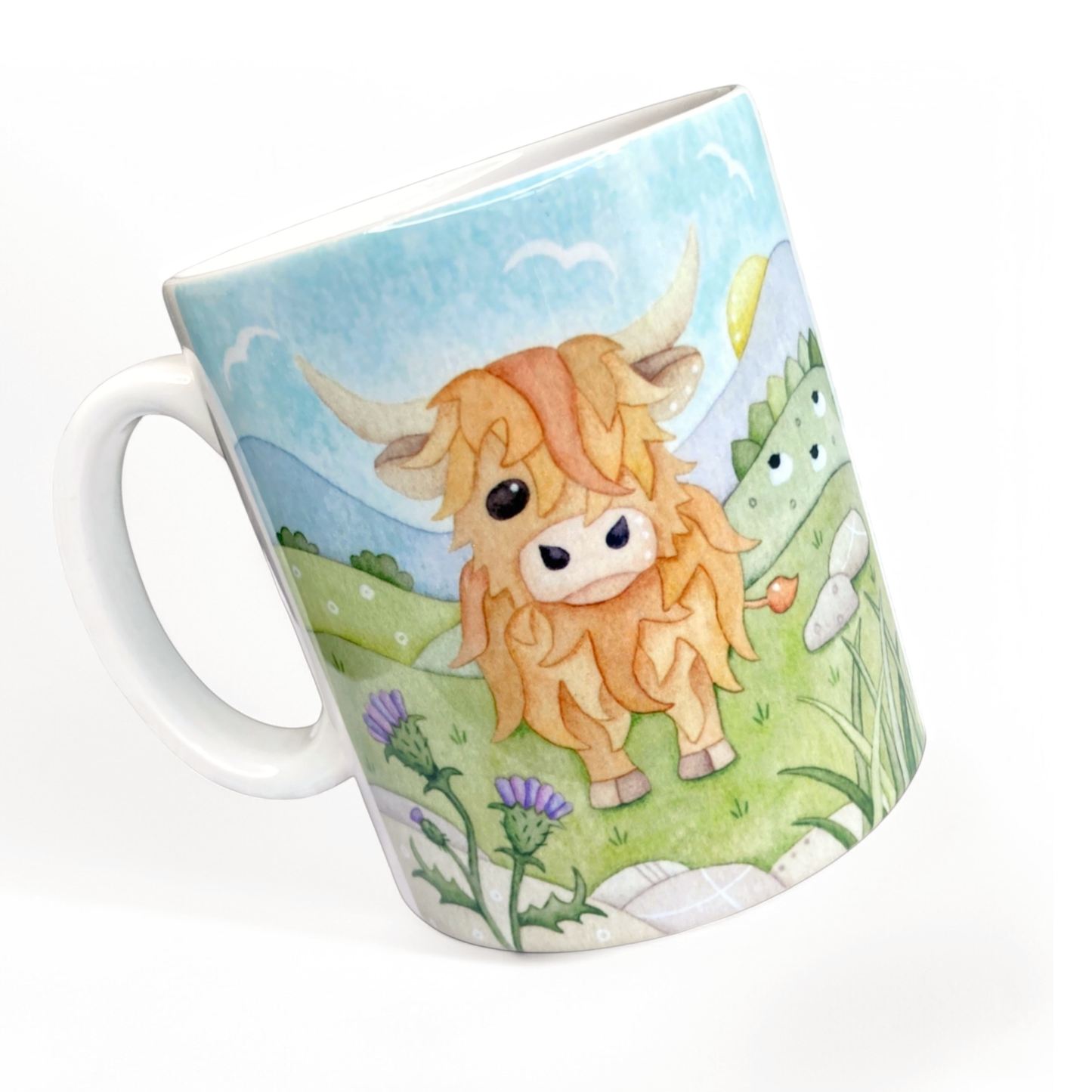 Highland Cow Mug - Scottish Highlands with Thistle - Watercolour Painting