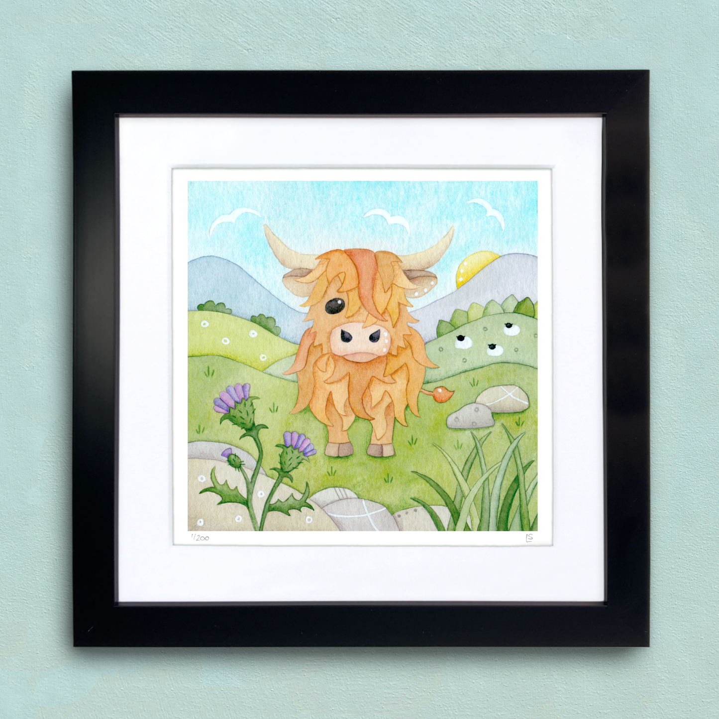 Framed Print - Highland Cow and Thistle - Scottish Highlands Watercolour Painting