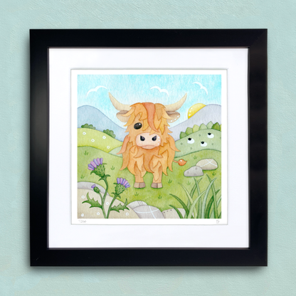 Framed Print - Highland Cow and Thistle - Scottish Highlands Watercolour Painting