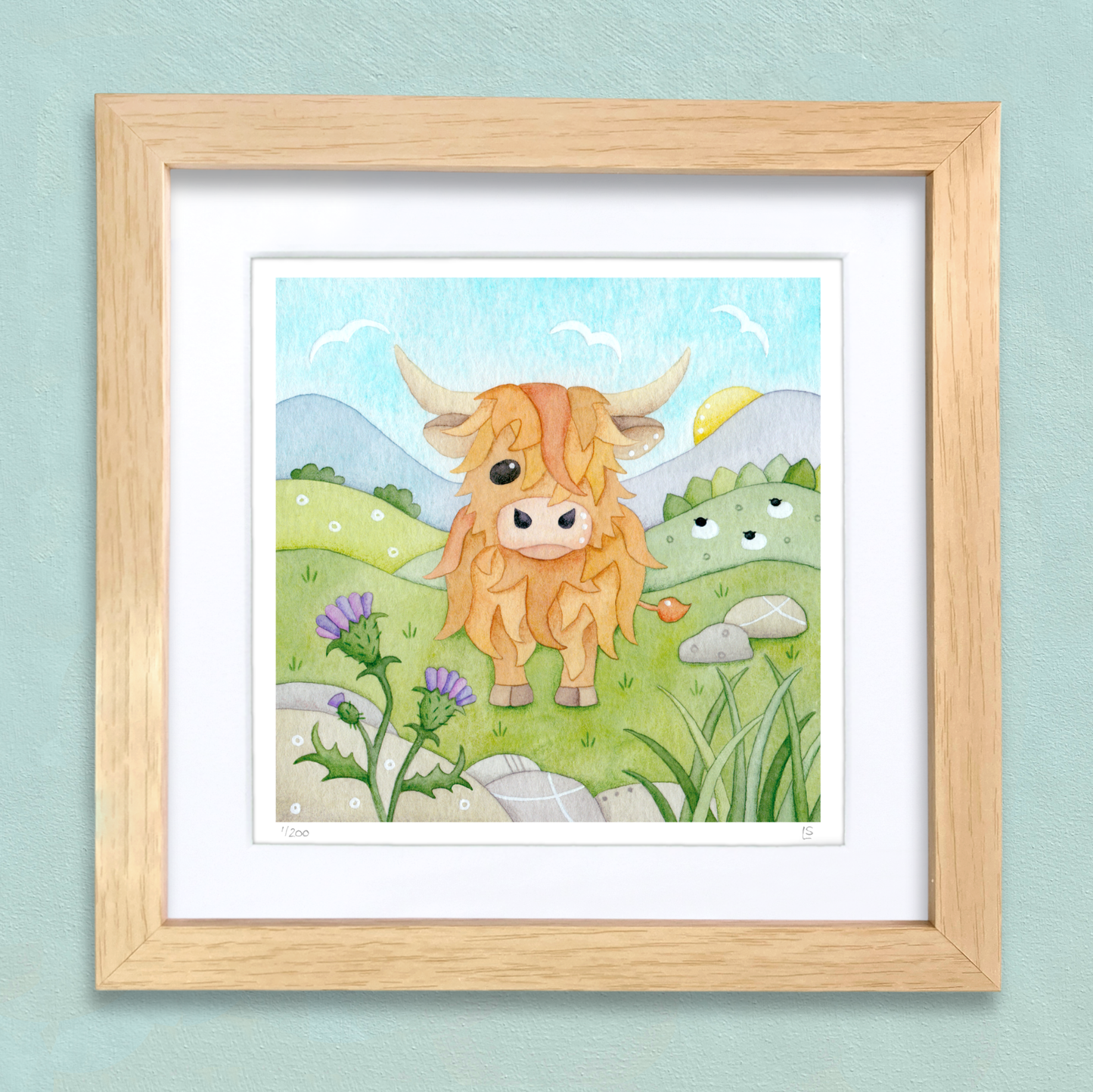Framed Print - Highland Cow and Thistle - Scottish Highlands Watercolour Painting