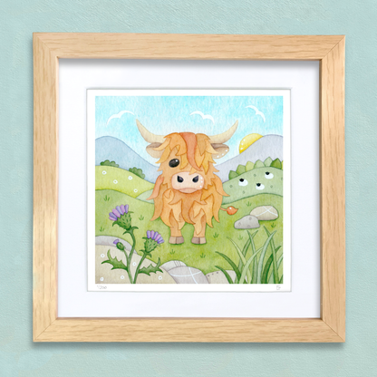 Framed Print - Highland Cow and Thistle - Scottish Highlands Watercolour Painting