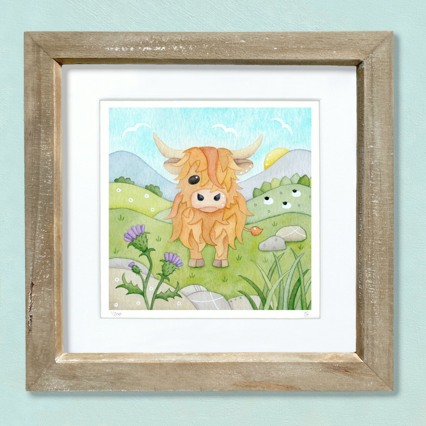 Framed Print - Highland Cow and Thistle - Scottish Highlands Watercolour Painting