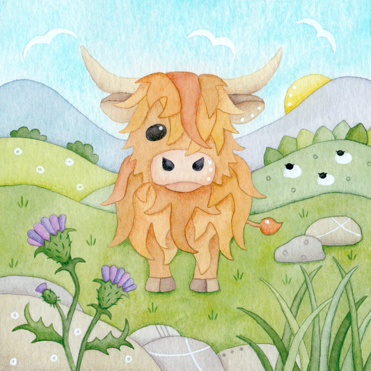 Framed Print - Highland Cow and Thistle - Scottish Highlands Watercolour Painting