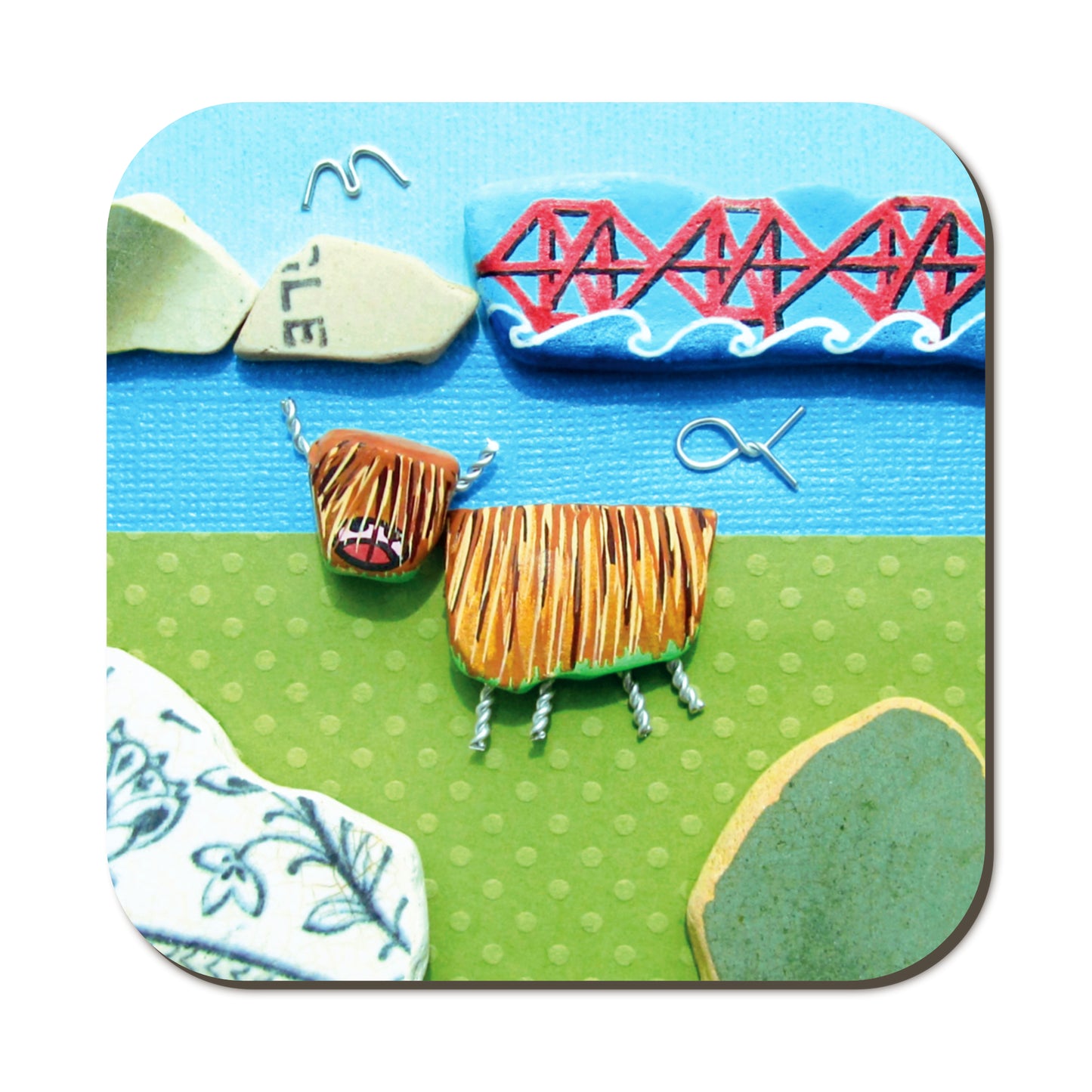 Coaster Set x 4 - Beach Pebble Art - Puffins, Seagulls, Blue Tits, Highland Cows - Save £2