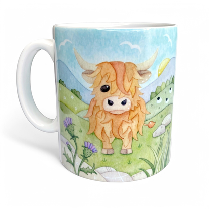 Highland Cow Mug - Scottish Highlands with Thistle - Watercolour Painting