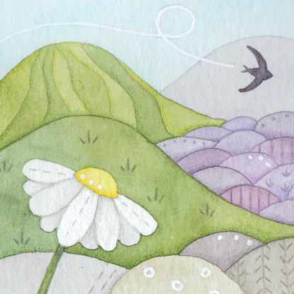 Original Watercolour Painting - Tiny Daisy & Swallow - Framed, Mounted and Signed
