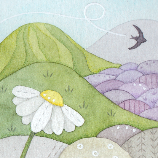 Original Watercolour Painting - Tiny Daisy & Swallow - Framed, Mounted and Signed