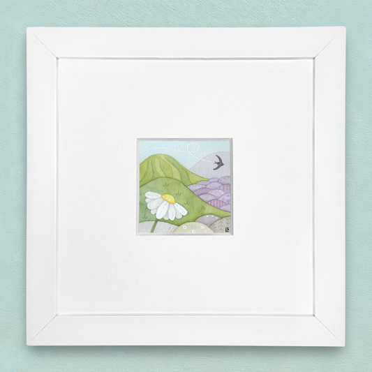 Original Watercolour Painting - Tiny Daisy & Swallow - Framed, Mounted and Signed