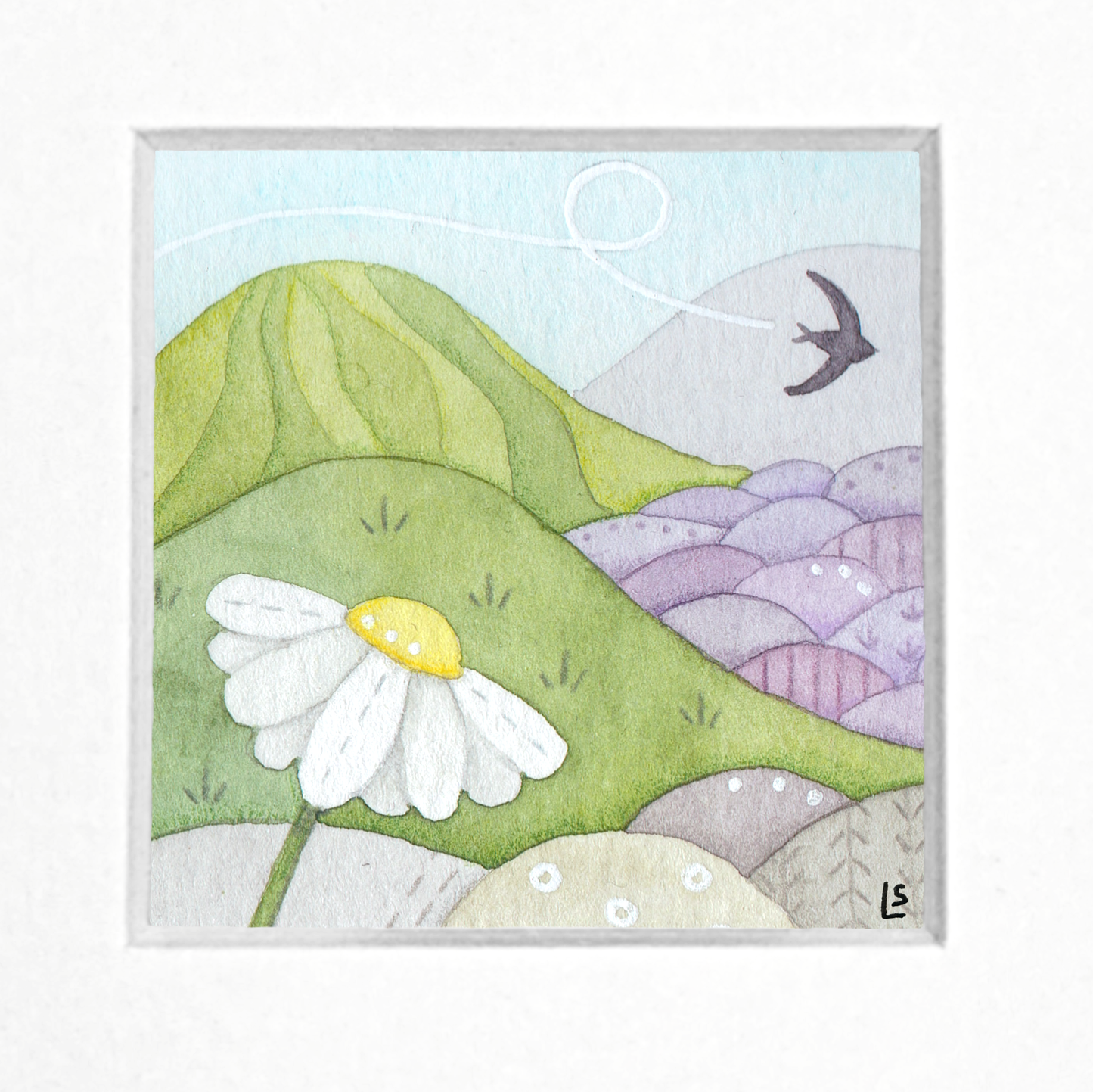 Original Watercolour Painting - Tiny Daisy & Swallow - Framed, Mounted and Signed