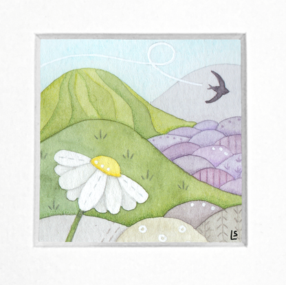 Original Watercolour Painting - Tiny Daisy & Swallow - Framed, Mounted and Signed