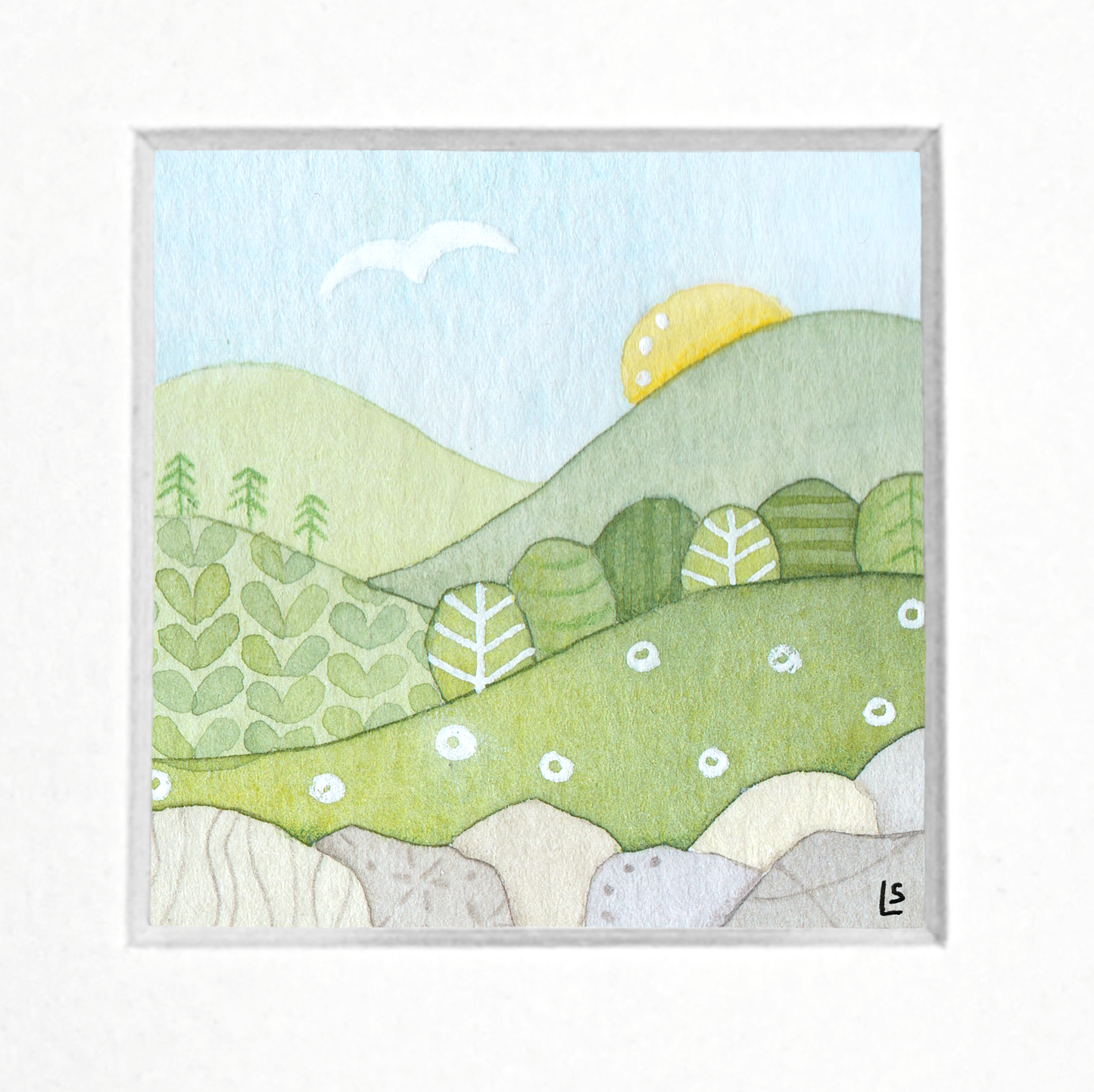 Original Watercolour Painting - Tiny Trees - Framed, Mounted and Signed