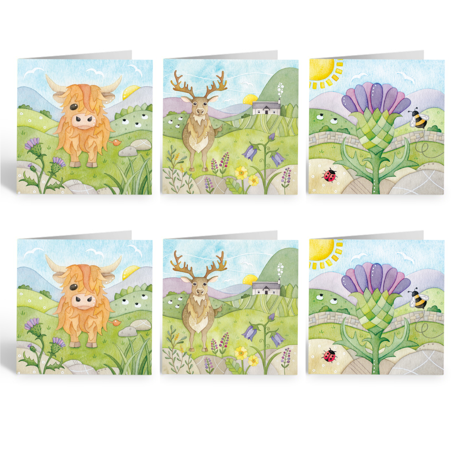 Greetings Cards (Pack of 6) - Scottish Highlands - Highland Cow, Stag and Thistle