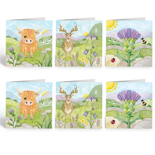 Greetings Cards (Pack of 6) - Scottish Highlands - Highland Cow, Stag and Thistle
