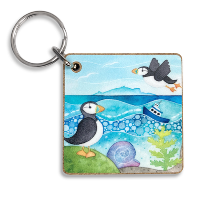 Keyring - Puffins and the Isle of May - Wooden Key Fob