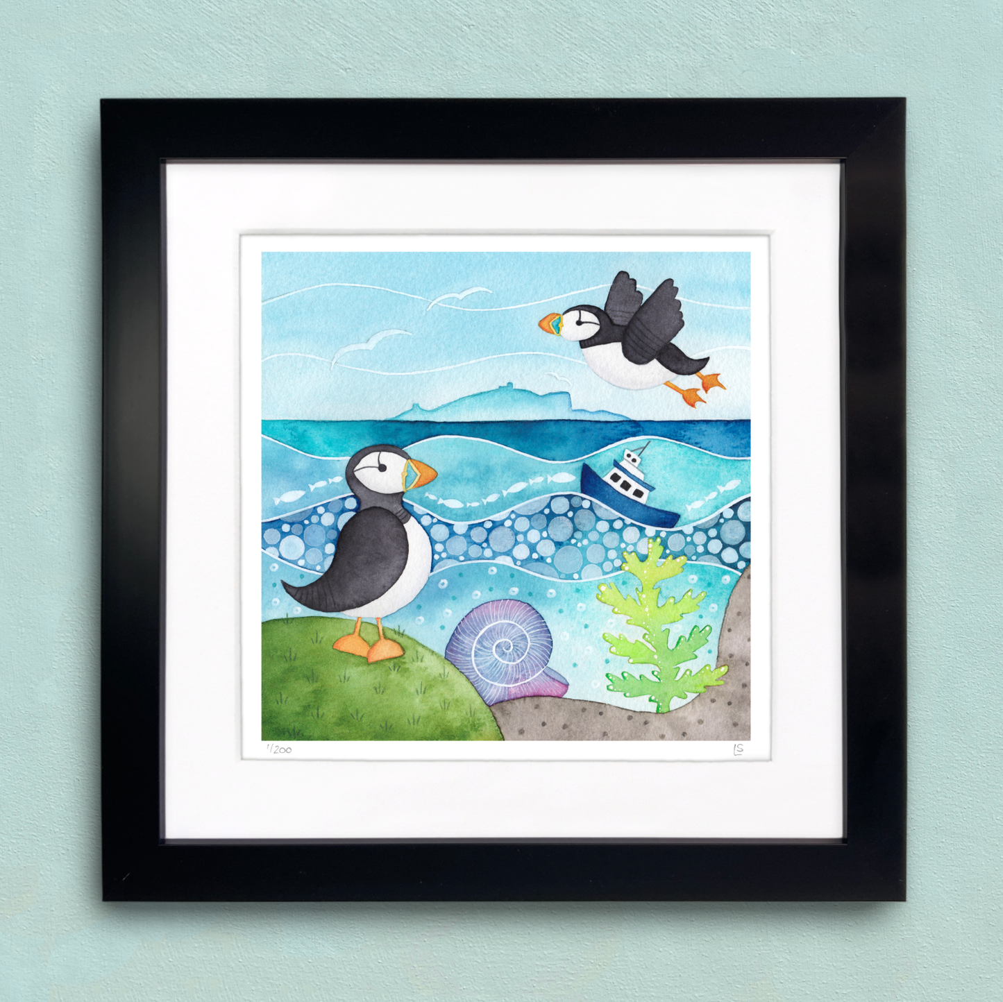 Framed Seaside Print - Isle of May Puffins - East Neuk of Fife Watercolour Painting