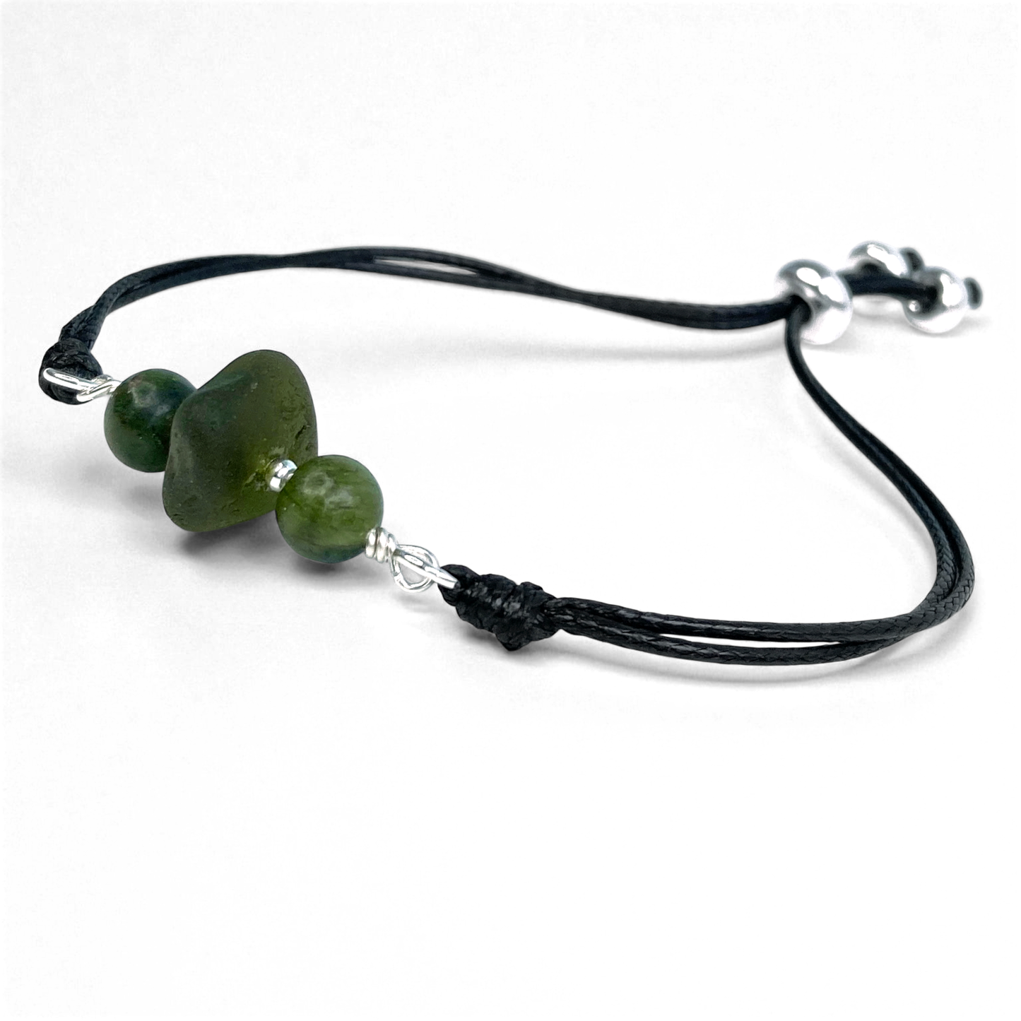 Sea Glass Bracelet - Olive Green - Black Cord and Jade Crystal
