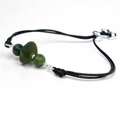 Sea Glass Bracelet - Olive Green - Black Cord and Jade Crystal