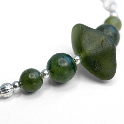 Sea Glass Bracelet - Olive Green - Silver and Jade Crystal