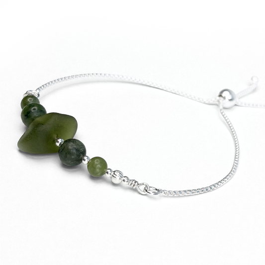 Sea Glass Bracelet - Olive Green - Silver and Jade Crystal
