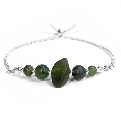 Sea Glass Bracelet - Olive Green - Silver and Jade Crystal
